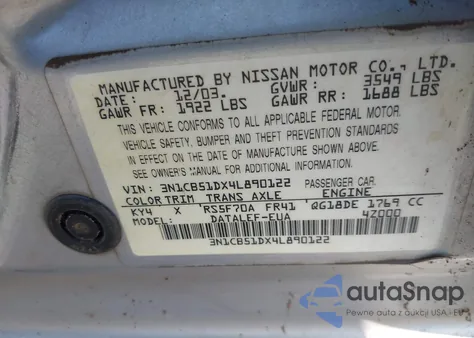 2004 Nissan Sentra 1.8S z USA, uszkodzony, nr VIN 3N1CB51DX4L890122